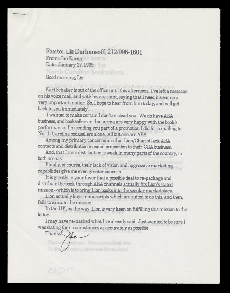 Fax dated 1/27/1995, from Jan to Liz, about book contracts and future with Lion publishing